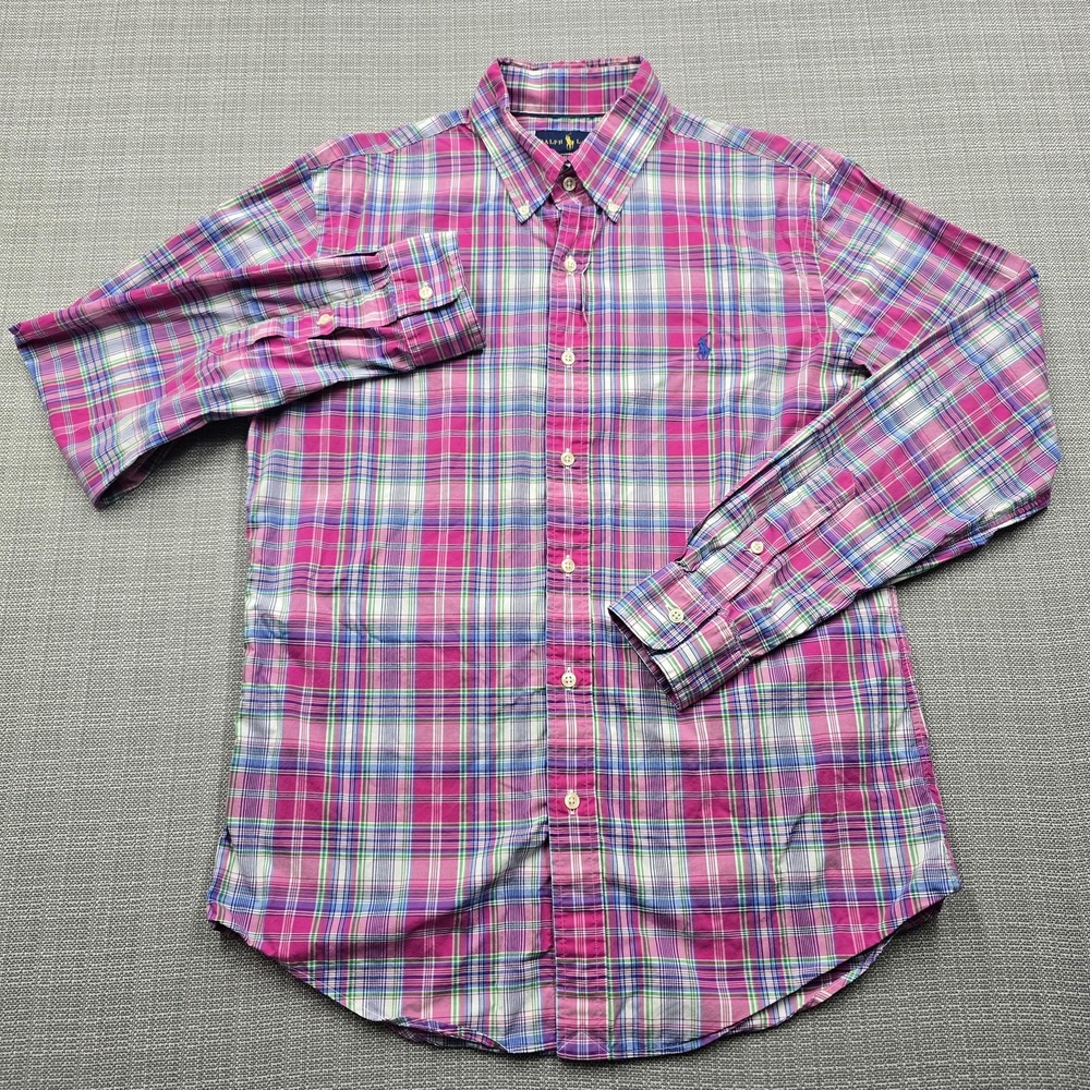 Ralph Lauren Shirt Mens Medium Pink Plaid Slim Fit Button Down Long Sleeve Pony - Picture 2 of 10
